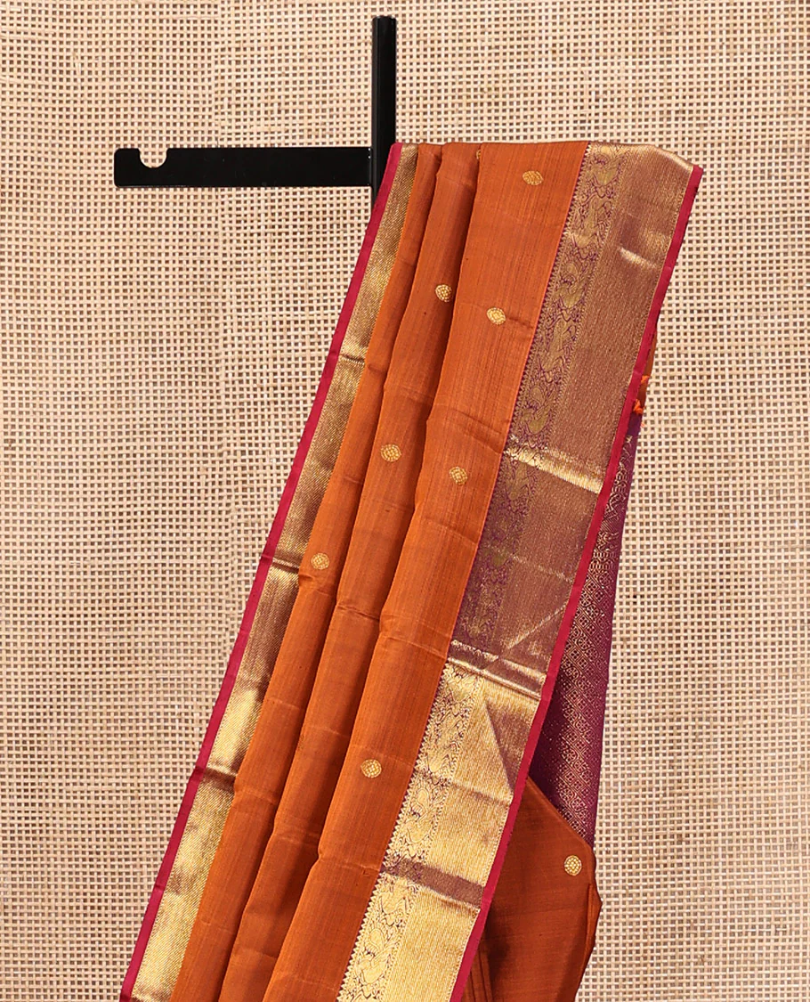 Orange Kanchipuram Silk Saree, Detailed with Chakram Buttas All Over Its Body, Complemented by Contrast  Border of Rekku, Muthu, Mayil, and Yaali Designs, Pallu of Kodi Visiry and Lavangam Designs, and Paired with a Contrast Blouse - Image 3