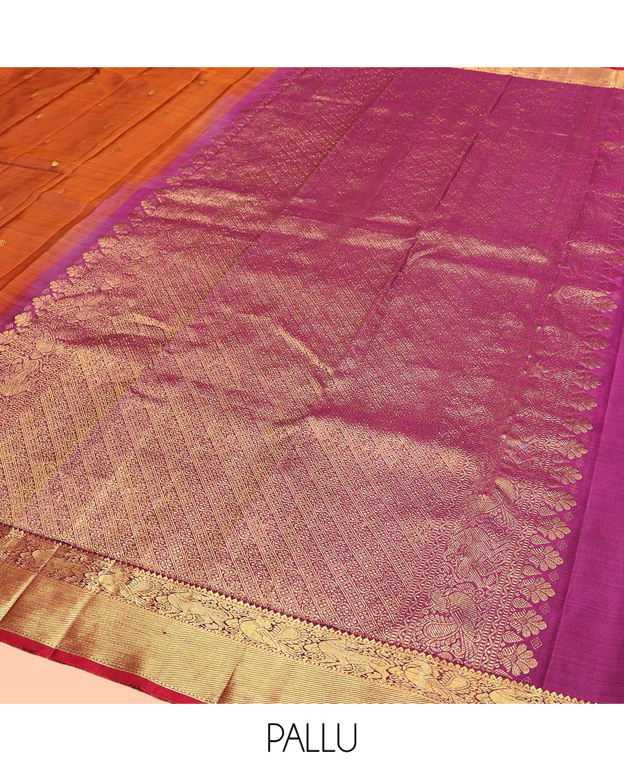 Orange Kanchipuram Silk Saree, Detailed with Chakram Buttas All Over Its Body, Complemented by Contrast  Border of Rekku, Muthu, Mayil, and Yaali Designs, Pallu of Kodi Visiry and Lavangam Designs, and Paired with a Contrast Blouse - Image 5