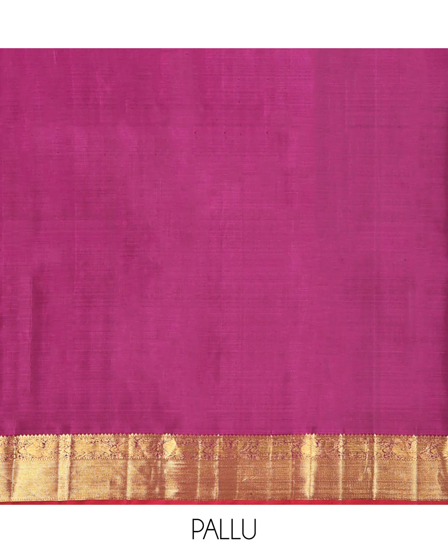 Orange Kanchipuram Silk Saree, Detailed with Chakram Buttas All Over Its Body, Complemented by Contrast  Border of Rekku, Muthu, Mayil, and Yaali Designs, Pallu of Kodi Visiry and Lavangam Designs, and Paired with a Contrast Blouse - Image 6