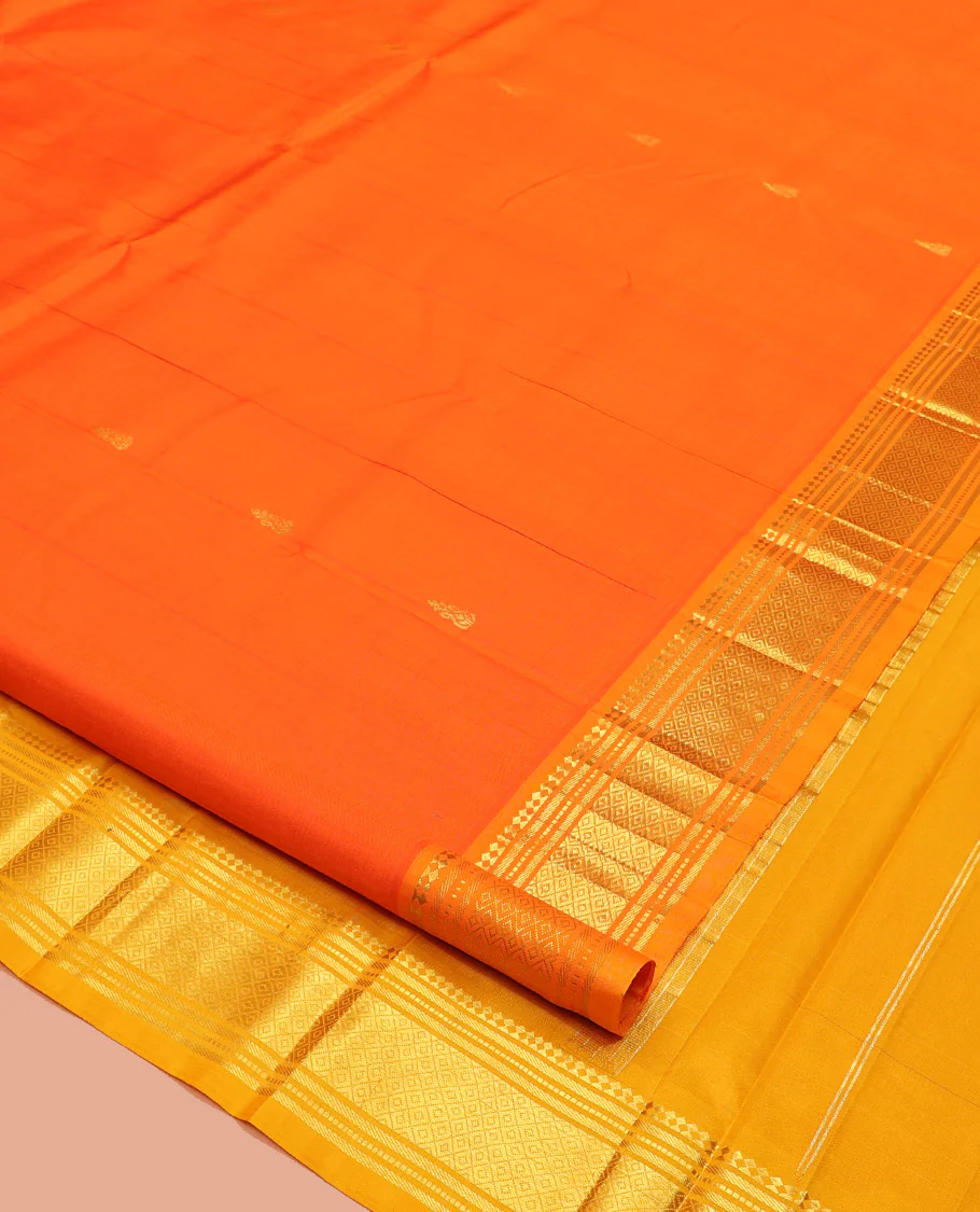 Orange Kanchipuram Silk Saree, Embellished with Zari Buttas, Contrast One-Sided Border of Paneer Sombu, Banaras, Muthu, and Mayil Kann Design, Zari Design Pallu, and No Blouse - Image 2