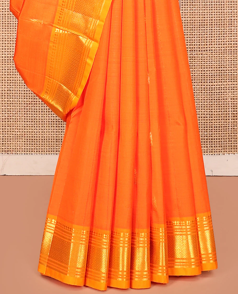 Orange Kanchipuram Silk Saree, Embellished with Zari Buttas, Contrast One-Sided Border of Paneer Sombu, Banaras, Muthu, and Mayil Kann Design, Zari Design Pallu, and No Blouse - Image 4
