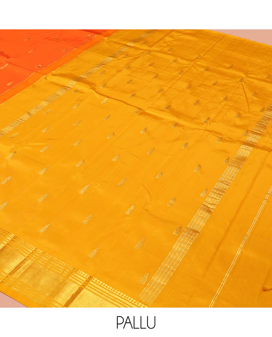 Orange Kanchipuram Silk Saree, Embellished with Zari Buttas, Contrast One-Sided Border of Paneer Sombu, Banaras, Muthu, and Mayil Kann Design, Zari Design Pallu, and No Blouse - Image 5