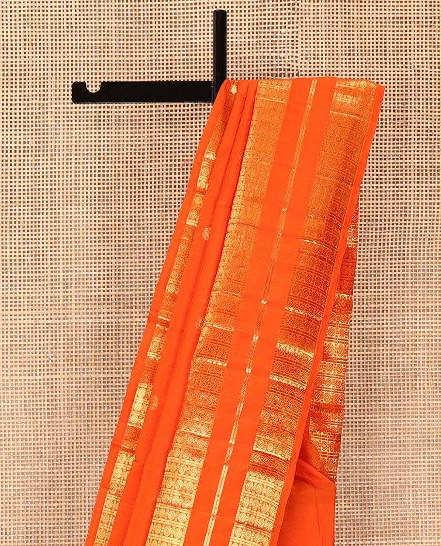 Orange Kanchipuram Silk Saree, Enthralled with Zari Buttas All Over Its Body, Highlighted by a Zari Varisai Border of Rudraksham Enclosed Muthu Kattam Designs, Pallu of Zari Designs, and Paired with a Matching Blouse - Image 3