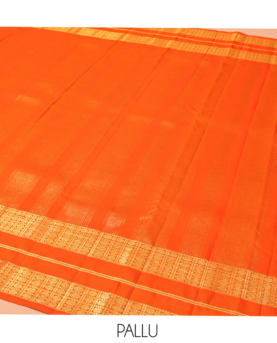 Orange Kanchipuram Silk Saree, Enthralled with Zari Buttas All Over Its Body, Highlighted by a Zari Varisai Border of Rudraksham Enclosed Muthu Kattam Designs, Pallu of Zari Designs, and Paired with a Matching Blouse - Image 5