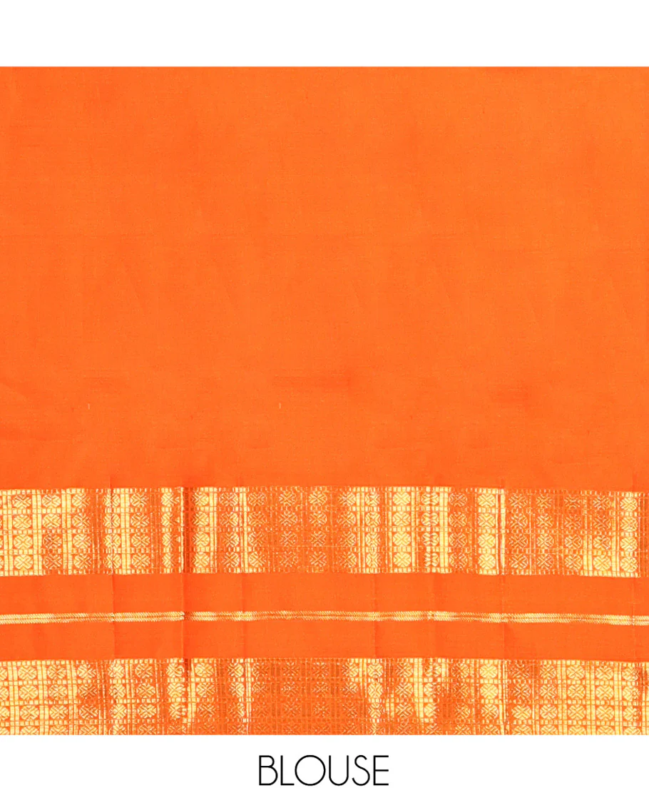 Orange Kanchipuram Silk Saree, Enthralled with Zari Buttas All Over Its Body, Highlighted by a Zari Varisai Border of Rudraksham Enclosed Muthu Kattam Designs, Pallu of Zari Designs, and Paired with a Matching Blouse - Image 6