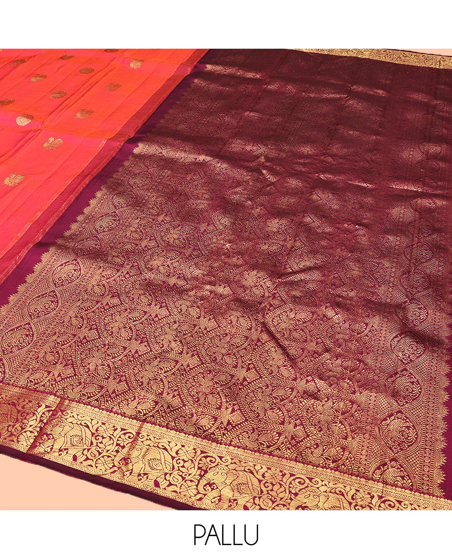 Orange Kanchipuram Silk Saree, Mesmerized with Mayil and Chakram Buttas All Over Its Body, Complemented by Contrast Border of Thilakam, Cross Kamalam, and Yaanai Designs, Pallu Steeped with Rettai Mayil Designs, and Paired with a Contrast Blouse - Image 5
