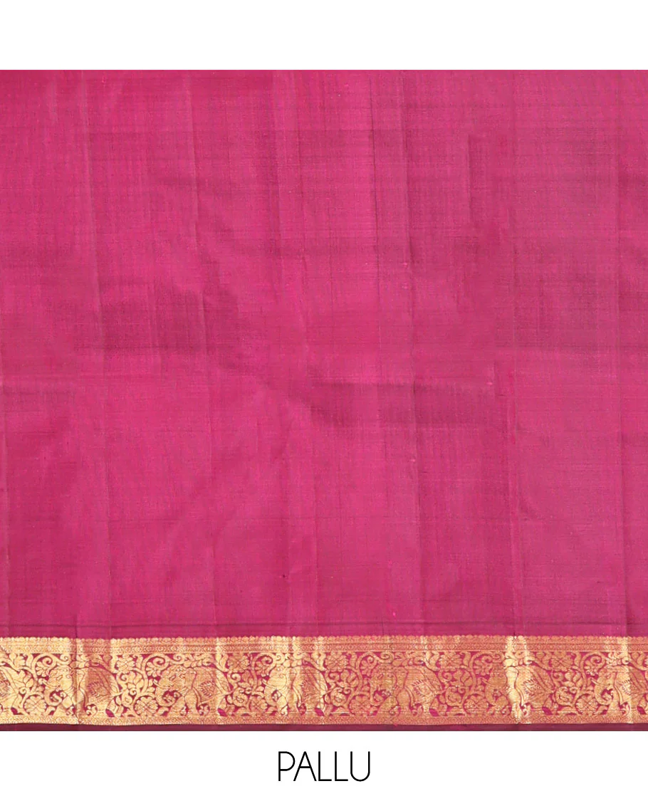 Orange Kanchipuram Silk Saree, Mesmerized with Mayil and Chakram Buttas All Over Its Body, Complemented by Contrast Border of Thilakam, Cross Kamalam, and Yaanai Designs, Pallu Steeped with Rettai Mayil Designs, and Paired with a Contrast Blouse - Image 6