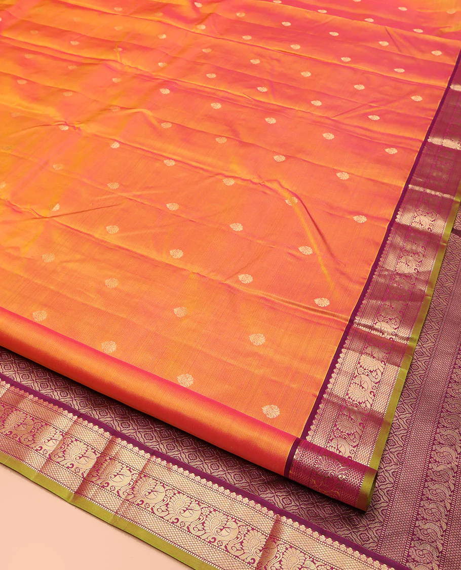 Orange Kanchipuram Silk Saree, Mesmerized with Zari Buttas on Its Body, Complemented by a Contrast Border of Muthu, Mayil Kann, and Mayil Designs, Grand Jaal Pallu, and Paired with a Contrast Blouse - Image 2