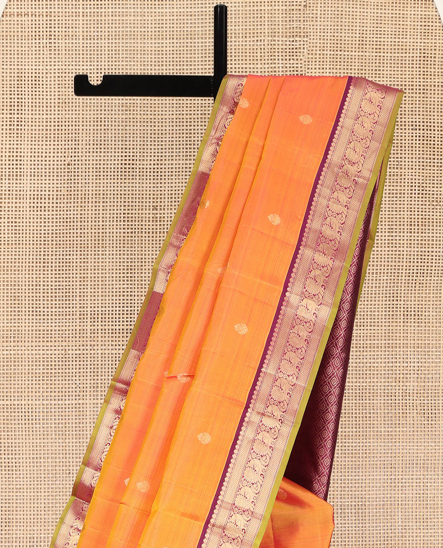 Orange Kanchipuram Silk Saree, Mesmerized with Zari Buttas on Its Body, Complemented by a Contrast Border of Muthu, Mayil Kann, and Mayil Designs, Grand Jaal Pallu, and Paired with a Contrast Blouse - Image 3