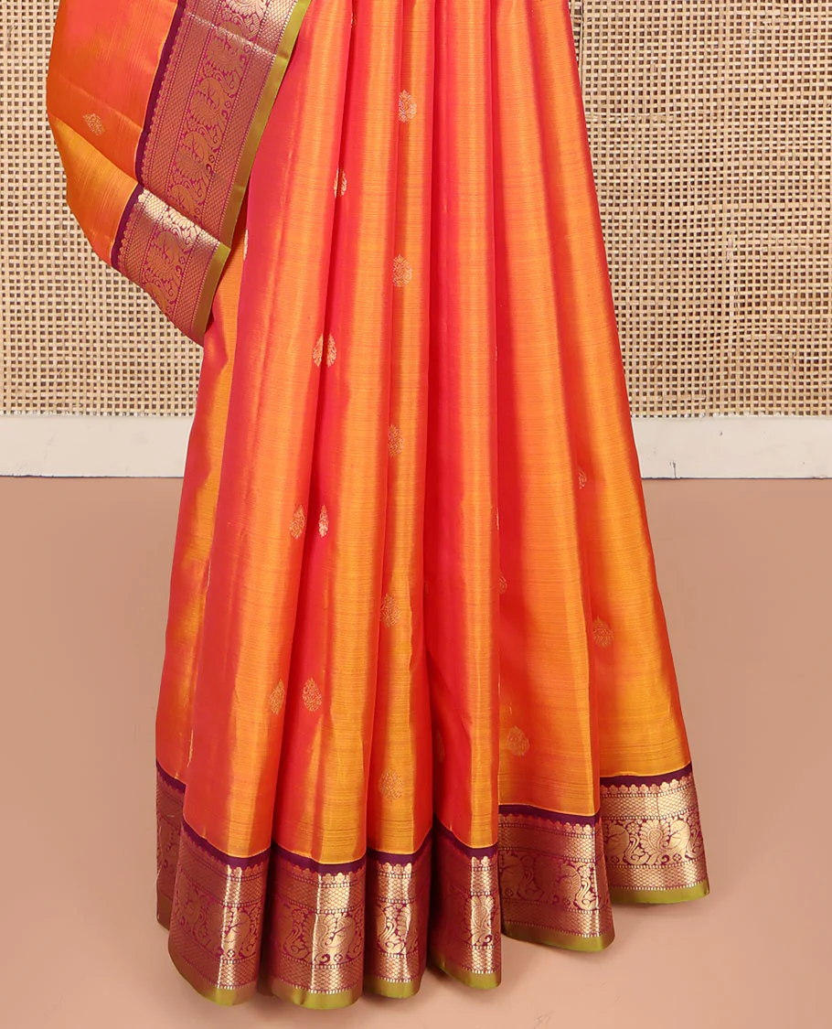Orange Kanchipuram Silk Saree, Mesmerized with Zari Buttas on Its Body, Complemented by a Contrast Border of Muthu, Mayil Kann, and Mayil Designs, Grand Jaal Pallu, and Paired with a Contrast Blouse - Image 4