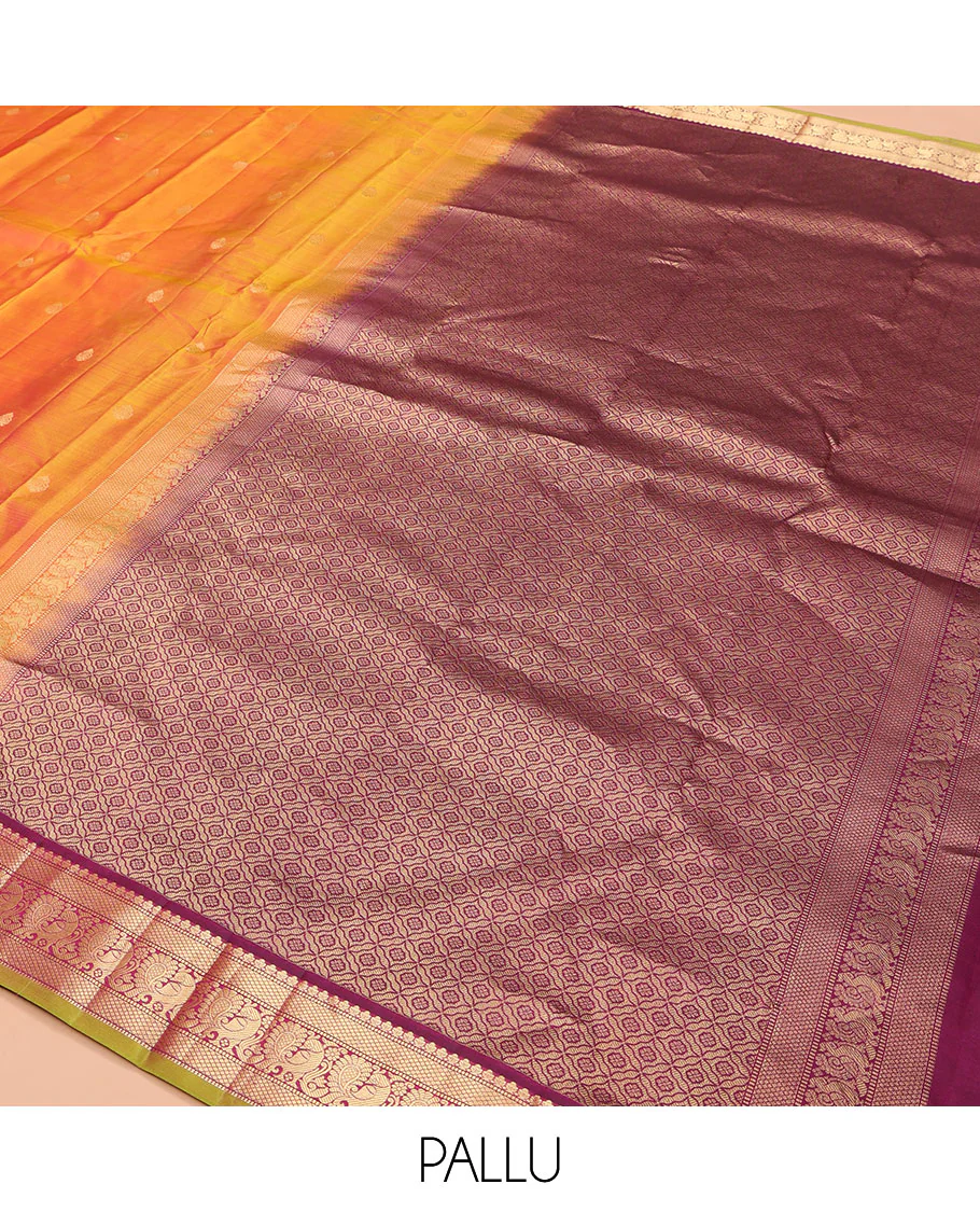 Orange Kanchipuram Silk Saree, Mesmerized with Zari Buttas on Its Body, Complemented by a Contrast Border of Muthu, Mayil Kann, and Mayil Designs, Grand Jaal Pallu, and Paired with a Contrast Blouse - Image 5