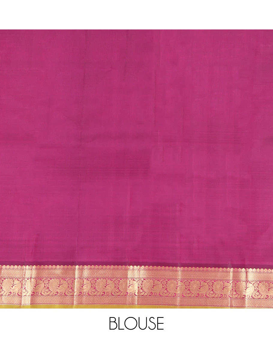 Orange Kanchipuram Silk Saree, Mesmerized with Zari Buttas on Its Body, Complemented by a Contrast Border of Muthu, Mayil Kann, and Mayil Designs, Grand Jaal Pallu, and Paired with a Contrast Blouse - Image 6