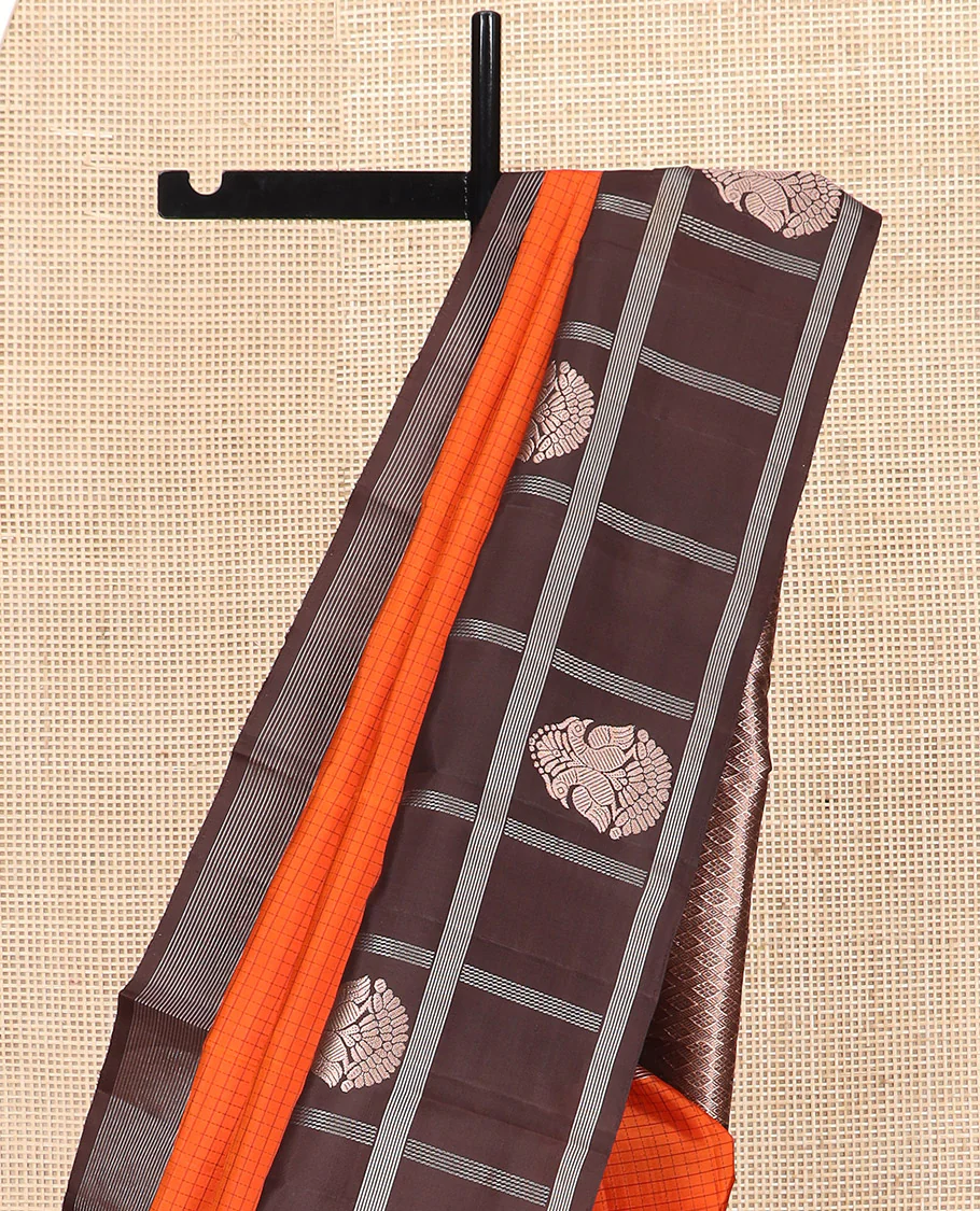 Orange Kanchipuram Silk Saree Sparsely Sparkled Checks on Its Body, Complemented by a Contrast Border of Iruthalai Pakshi Butta Enclosed Checks, Gleaming Pallu of Jaal Designs, and Paired with a Contrast Blouse - Image 3