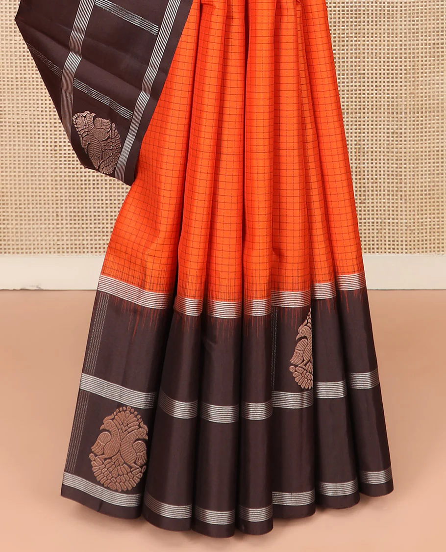 Orange Kanchipuram Silk Saree Sparsely Sparkled Checks on Its Body, Complemented by a Contrast Border of Iruthalai Pakshi Butta Enclosed Checks, Gleaming Pallu of Jaal Designs, and Paired with a Contrast Blouse - Image 4