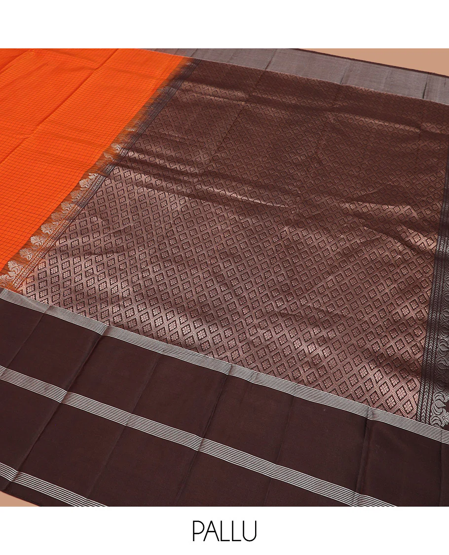 Orange Kanchipuram Silk Saree Sparsely Sparkled Checks on Its Body, Complemented by a Contrast Border of Iruthalai Pakshi Butta Enclosed Checks, Gleaming Pallu of Jaal Designs, and Paired with a Contrast Blouse - Image 5