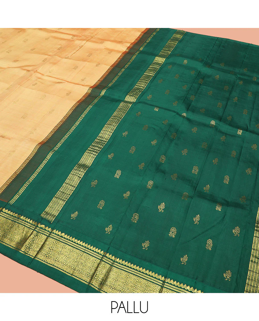 Orange Kanchipuram Silk Saree Sparsely Sparkled with Zari Buttas, Highlighted by Contrast One-Sided Korvai Border of Thilakam Mokku, Banaras, and Jaal Designs, Pallu Spotlighted with Zari Designs, and Comes Without a Blouse - Image 5