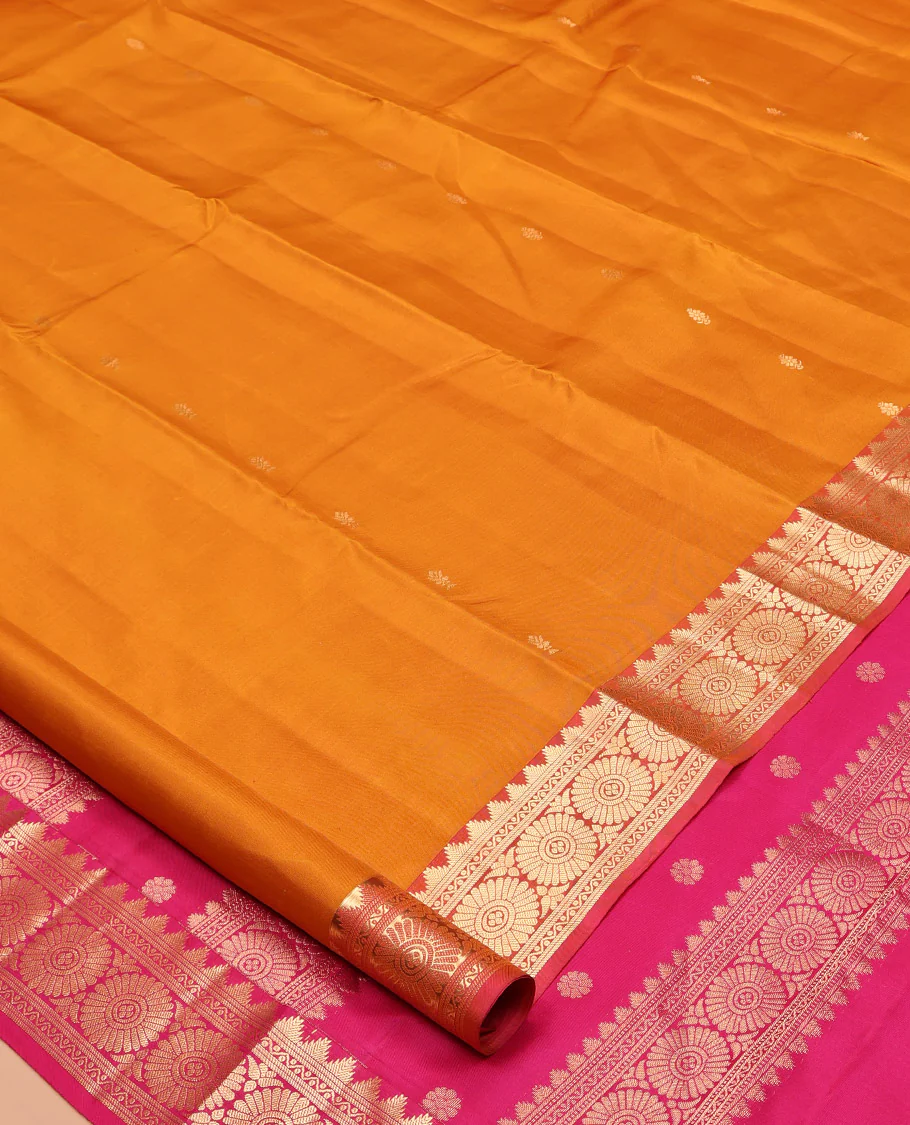 Orange Kanchipuram Silk Saree, Woven with Zari Buttas All Over Its Body, Complemented by a Contrast Border of Thazampoo Rekku, Banaras, Neli, and Chakram Designs, Intricately Designed Pallu, and Paired with a Contrast Blouse - Image 2