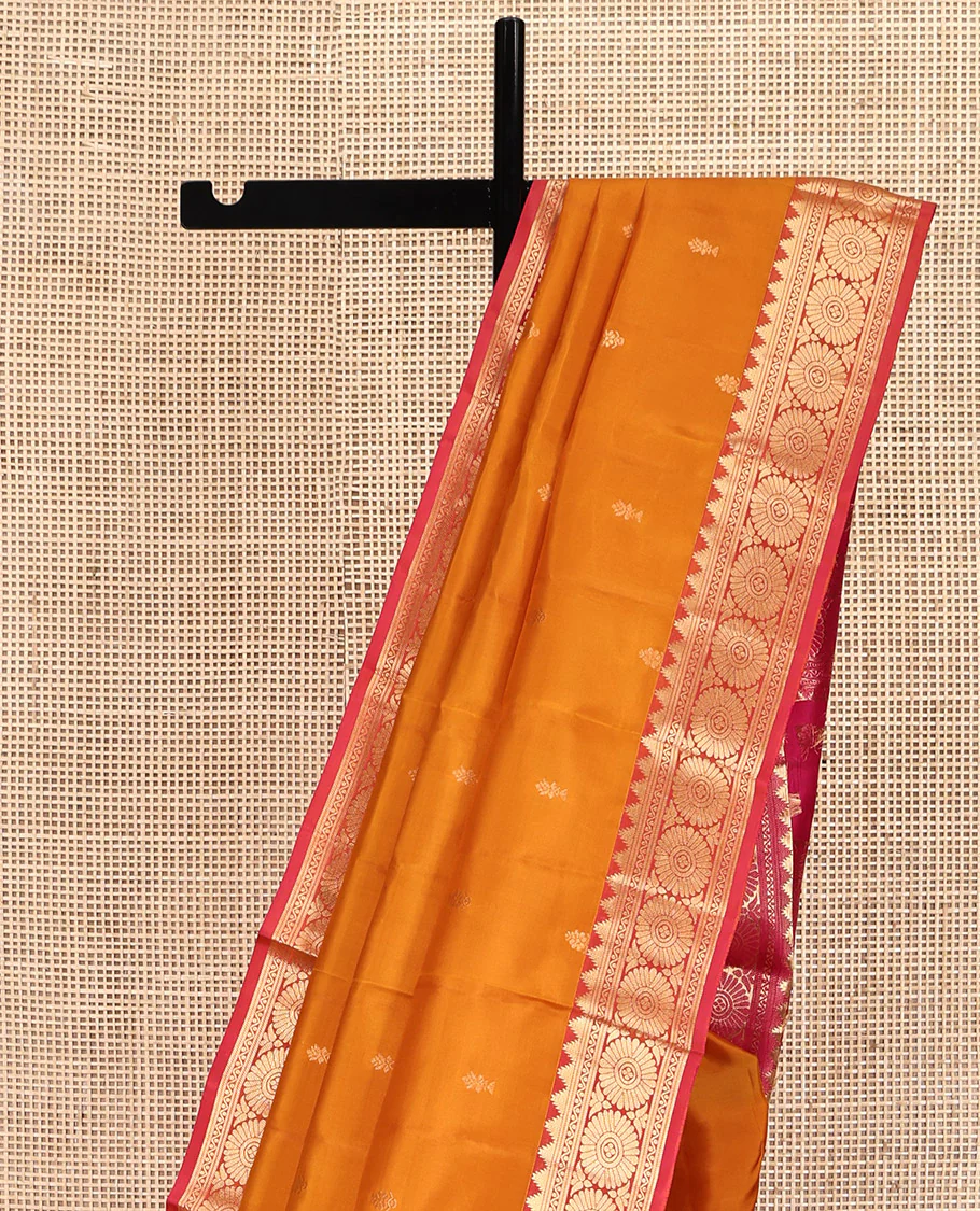 Orange Kanchipuram Silk Saree, Woven with Zari Buttas All Over Its Body, Complemented by a Contrast Border of Thazampoo Rekku, Banaras, Neli, and Chakram Designs, Intricately Designed Pallu, and Paired with a Contrast Blouse - Image 3