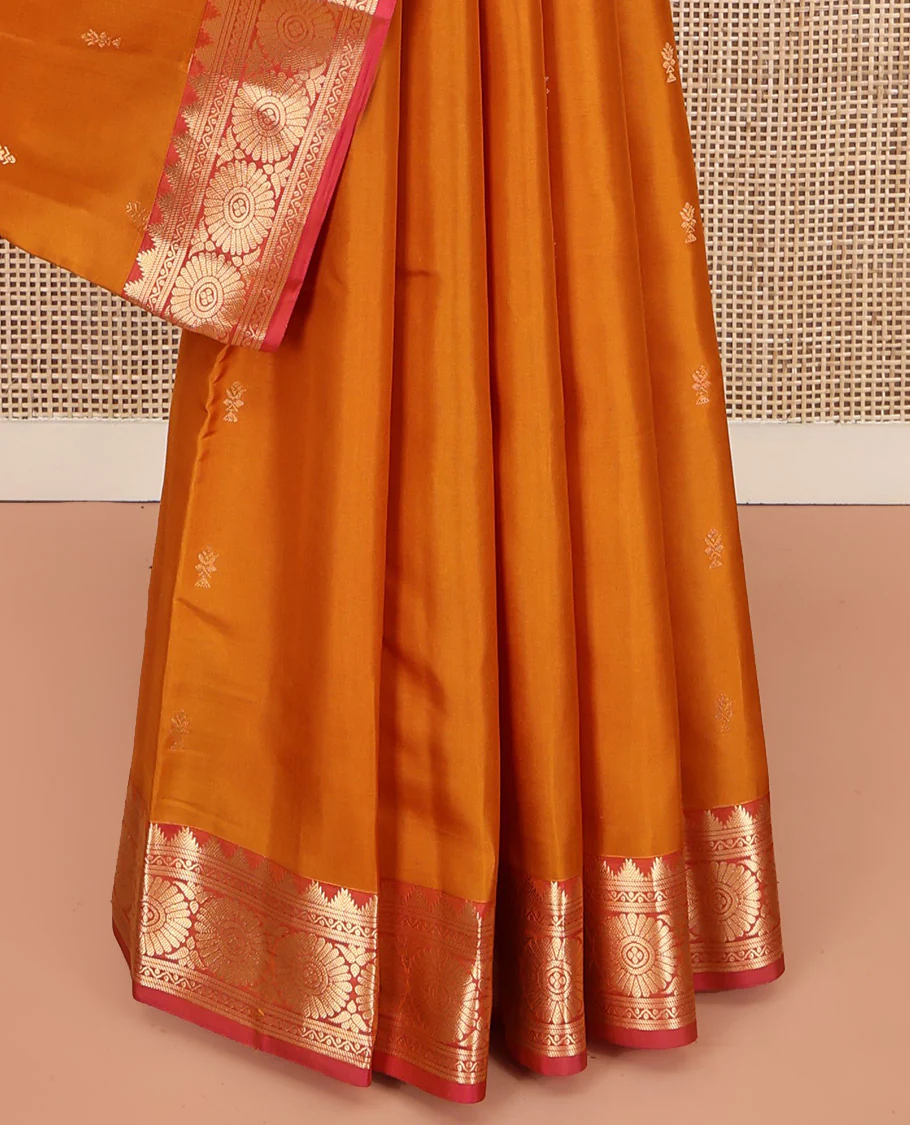 Orange Kanchipuram Silk Saree, Woven with Zari Buttas All Over Its Body, Complemented by a Contrast Border of Thazampoo Rekku, Banaras, Neli, and Chakram Designs, Intricately Designed Pallu, and Paired with a Contrast Blouse - Image 4
