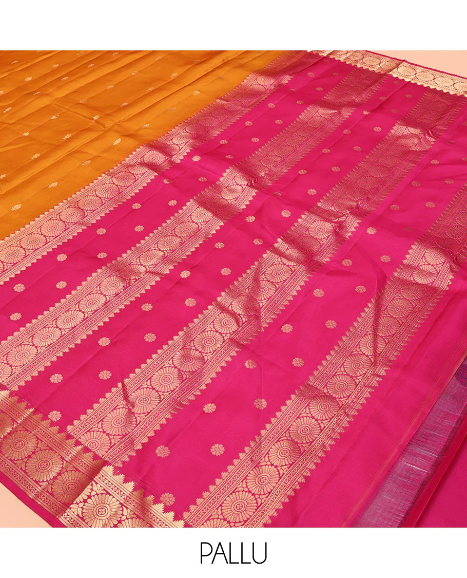 Orange Kanchipuram Silk Saree, Woven with Zari Buttas All Over Its Body, Complemented by a Contrast Border of Thazampoo Rekku, Banaras, Neli, and Chakram Designs, Intricately Designed Pallu, and Paired with a Contrast Blouse - Image 5