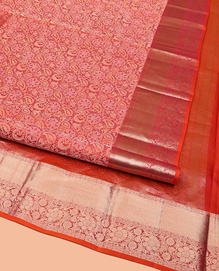 Orange Kanchipuram Wedding Silk Saree, Detailed with Jacquard Designs on Its Body, Highlighted by a Zari Border of Muthu, Diamond, and Kodi Visiry Designs, Mughal-Style Intricately Designed Pallu, and Paired with a Matching Blouse - Image 2
