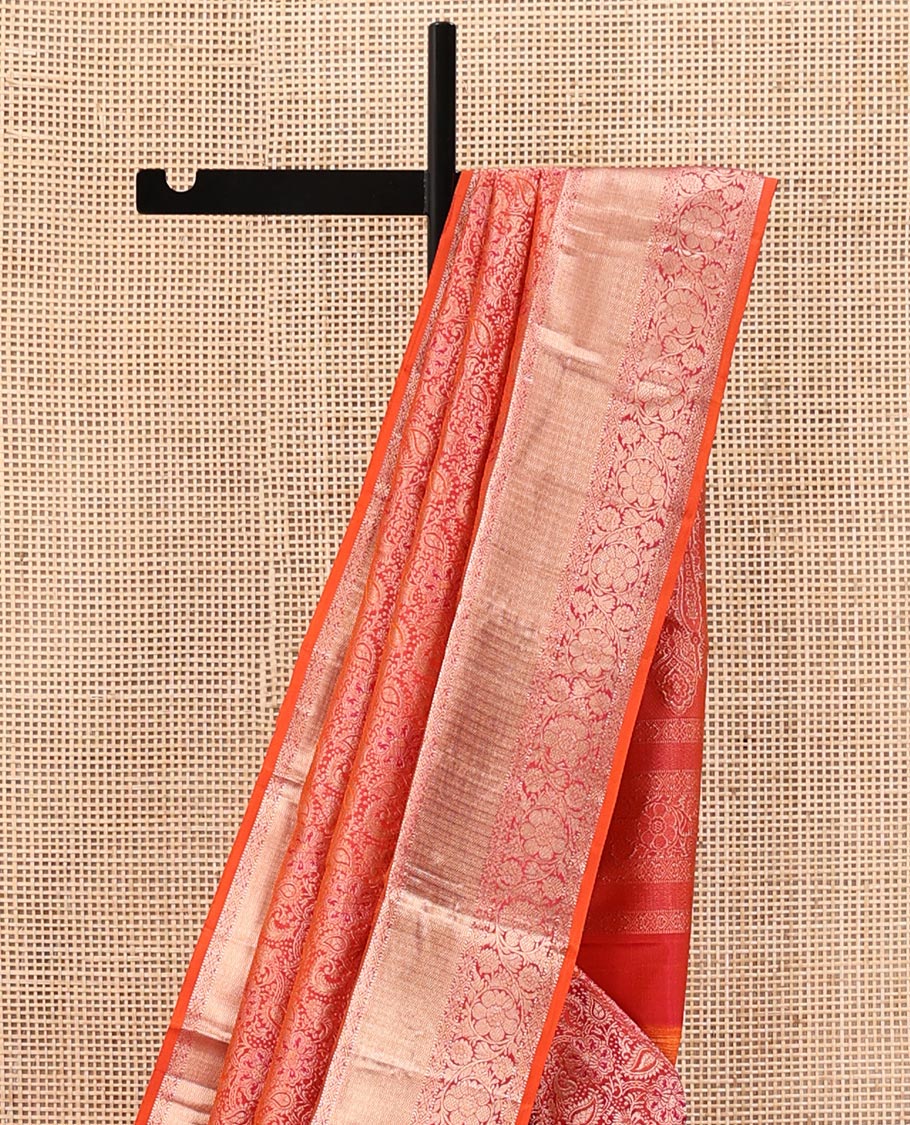 Orange Kanchipuram Wedding Silk Saree, Detailed with Jacquard Designs on Its Body, Highlighted by a Zari Border of Muthu, Diamond, and Kodi Visiry Designs, Mughal-Style Intricately Designed Pallu, and Paired with a Matching Blouse - Image 3