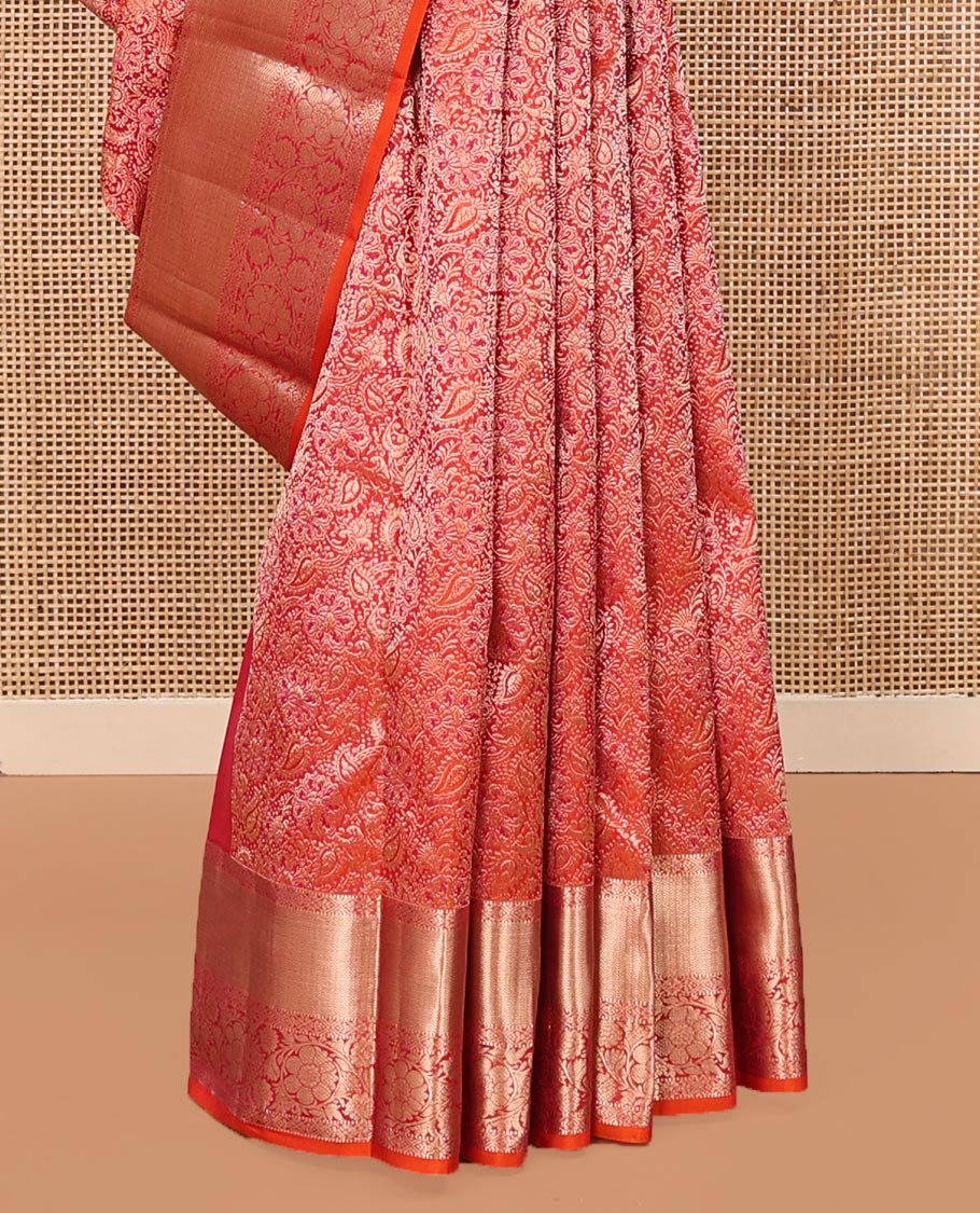 Orange Kanchipuram Wedding Silk Saree, Detailed with Jacquard Designs on Its Body, Highlighted by a Zari Border of Muthu, Diamond, and Kodi Visiry Designs, Mughal-Style Intricately Designed Pallu, and Paired with a Matching Blouse - Image 4