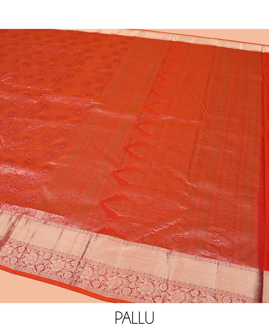 Orange Kanchipuram Wedding Silk Saree, Detailed with Jacquard Designs on Its Body, Highlighted by a Zari Border of Muthu, Diamond, and Kodi Visiry Designs, Mughal-Style Intricately Designed Pallu, and Paired with a Matching Blouse - Image 5