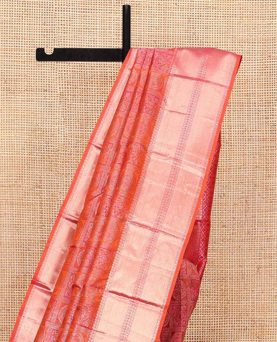 Orange Kanchipuram Wedding Silk Saree, Majestically Detailed with Jacquard Designs on Its Body, Highlighted by a Zari Border of Rekku, Muthu, and Neli Designs, Beautifully Bedecked Pallu, and Paired with a Matching Blouse - Image 3