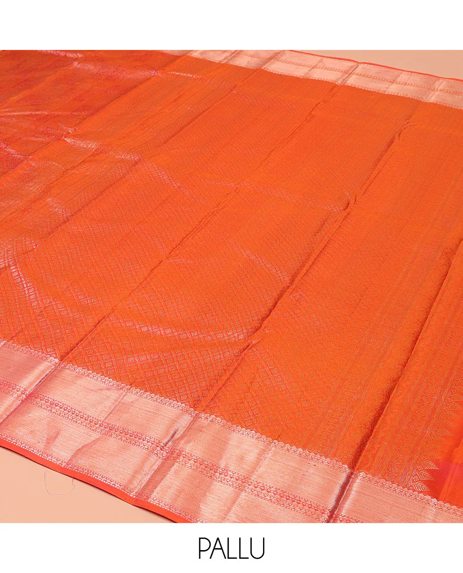 Orange Kanchipuram Wedding Silk Saree, Majestically Detailed with Jacquard Designs on Its Body, Highlighted by a Zari Border of Rekku, Muthu, and Neli Designs, Beautifully Bedecked Pallu, and Paired with a Matching Blouse - Image 5