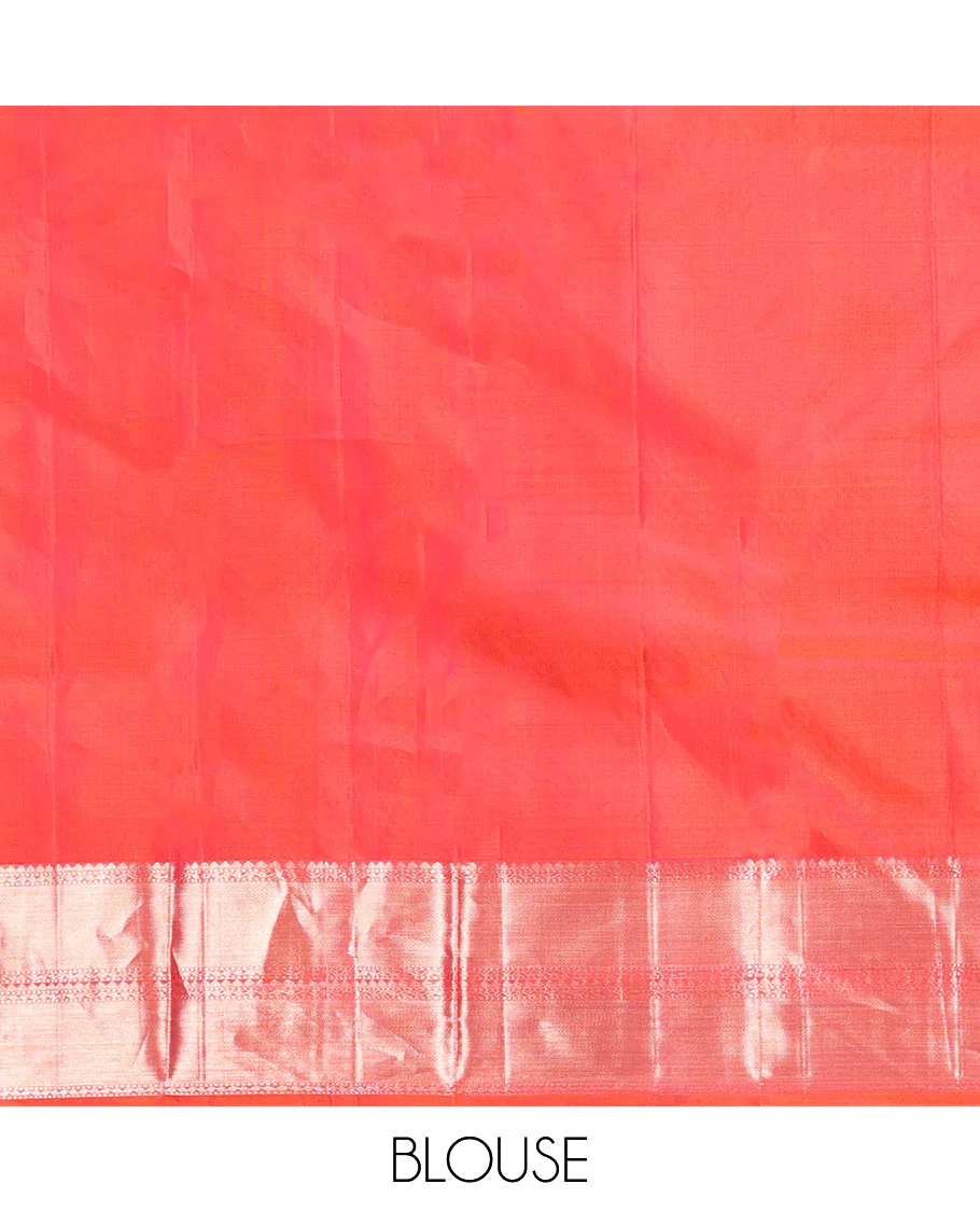 Orange Kanchipuram Wedding Silk Saree, Majestically Detailed with Jacquard Designs on Its Body, Highlighted by a Zari Border of Rekku, Muthu, and Neli Designs, Beautifully Bedecked Pallu, and Paired with a Matching Blouse - Image 6