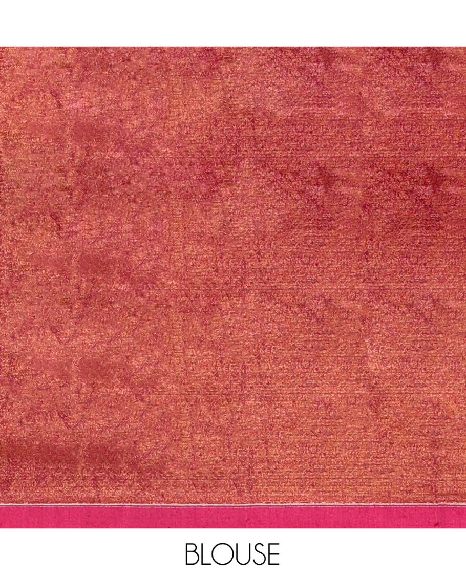 Orange Khadi Tissue Saree, Adorned with Leaf Buttas All Over Its Body, Highlighted by Geometric Patterned Border, Pallu Depicts Geometric Prints, and Paired with a Matching Blouse - Image 3