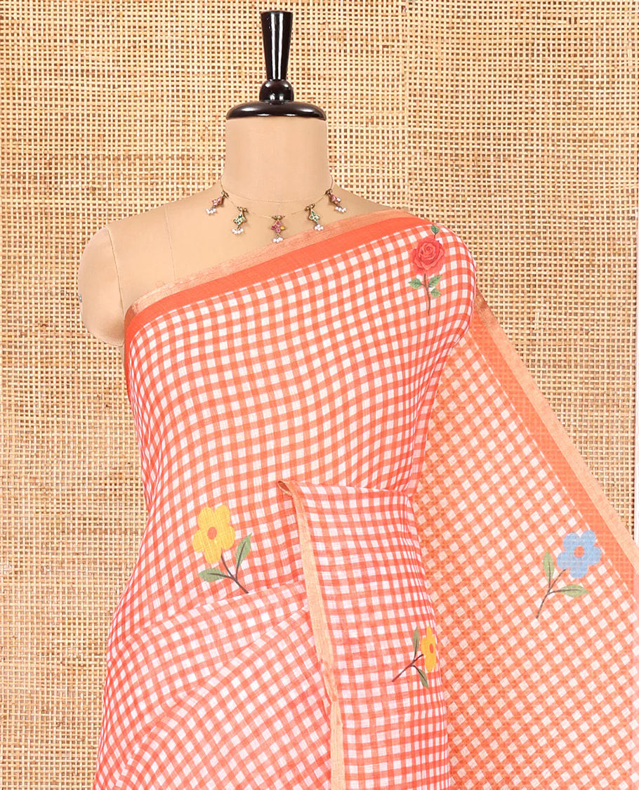 Orange Linen Cotton Saree, Decked up with Micro-Checks and Floral Motifs on Its Body, Subtle Piping Border, a Self-Pallu, and Paired with a Rose Floral Printed Blouse - Image 2