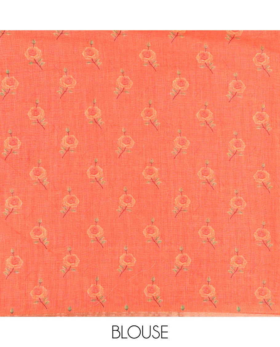 Orange Linen Cotton Saree, Decked up with Micro-Checks and Floral Motifs on Its Body, Subtle Piping Border, a Self-Pallu, and Paired with a Rose Floral Printed Blouse - Image 3