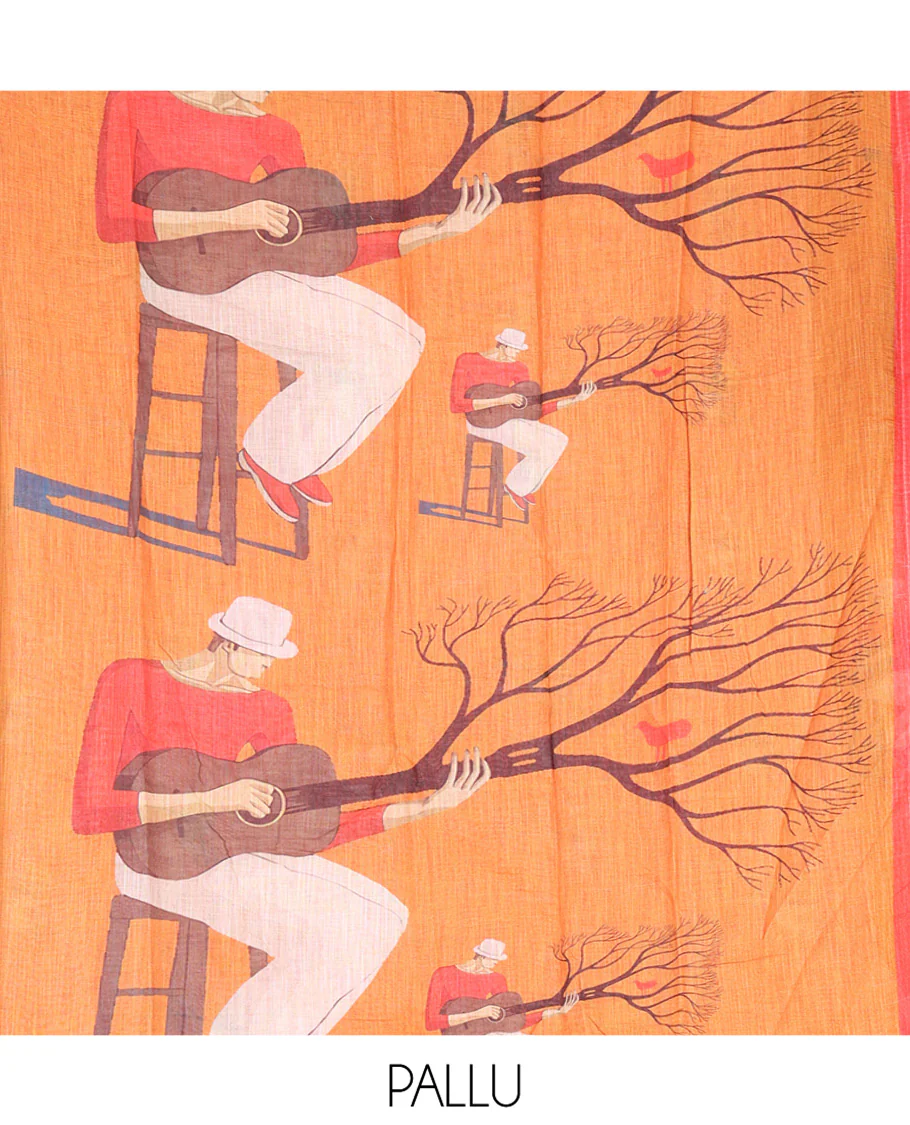 Orange Linen Cotton Saree, Depicting Men with a Guitar Motif Printed All Over Its Body, Complemented by Contrast Piping Border, Pallu Pictures a Men with a Guitar Motif, and Paired with a Contrast Blouse - Image 3