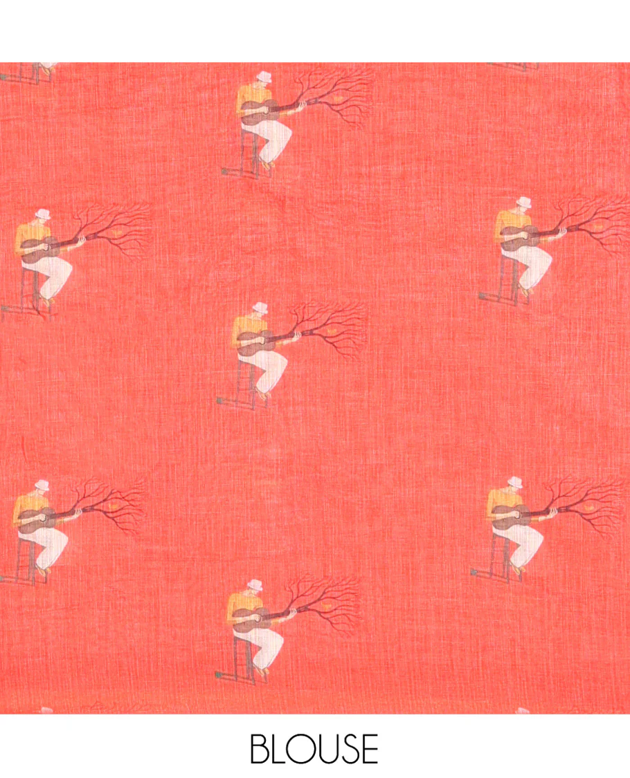 Orange Linen Cotton Saree, Depicting Men with a Guitar Motif Printed All Over Its Body, Complemented by Contrast Piping Border, Pallu Pictures a Men with a Guitar Motif, and Paired with a Contrast Blouse - Image 4
