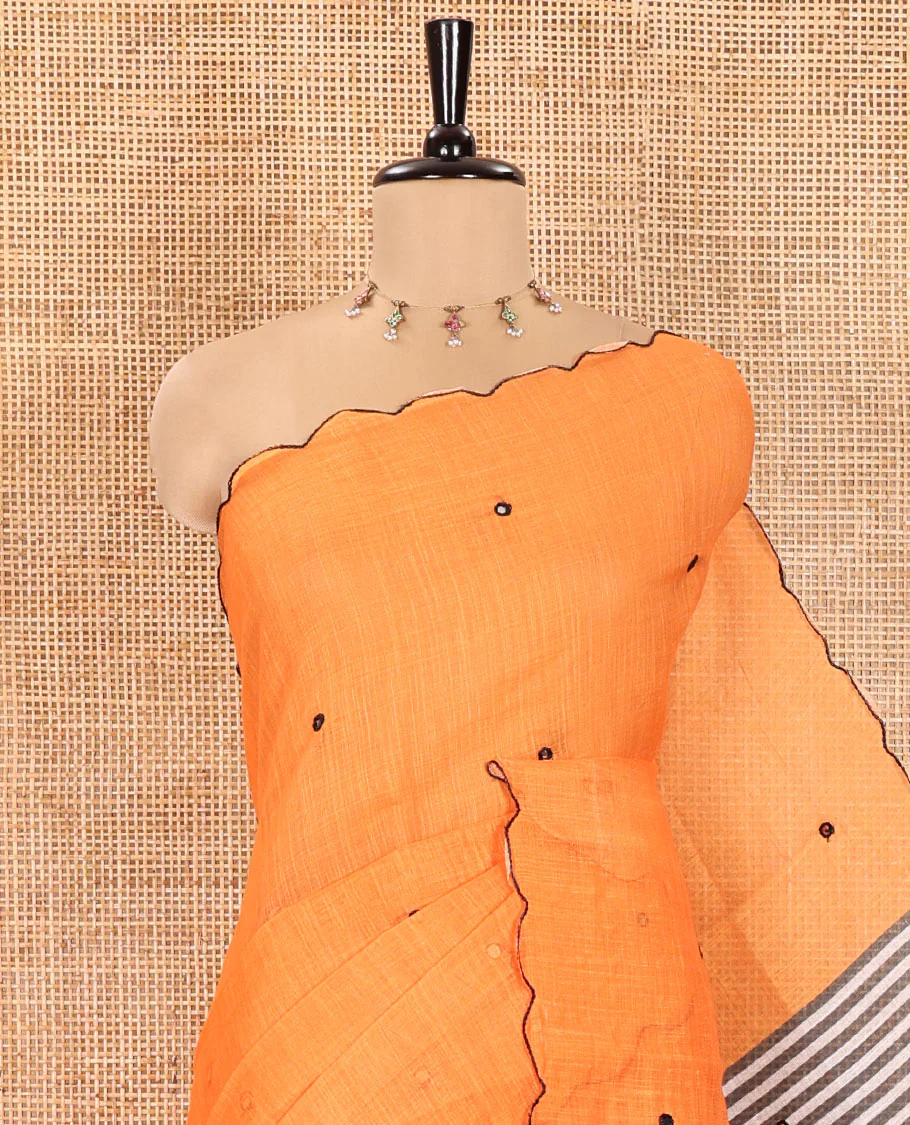 Orange Linen Cotton Saree, Subtly Sparkled with Mirror Work All Over Its Body, Subtly Scallop Border, Complemented by Contrast Pallu of Stripes and Mirror Work, and Paired with a Contrast Geometric Printed Blouse - Image 2