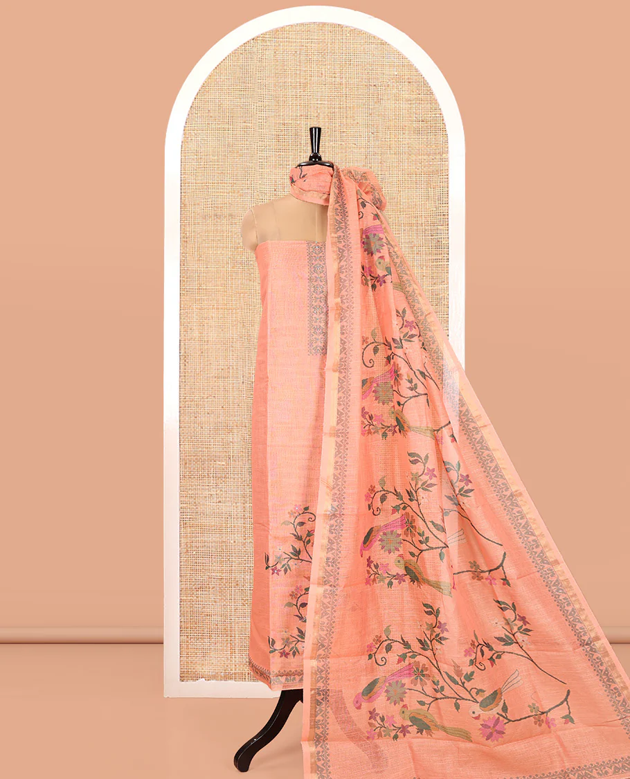 Orange Linen Tissue Material Chudidar Set, Elevated with Paithani Floral-Parrot Design on Its Top, a Contrast Plain Bottom, and Paired with a Linen Tissue Dupatta of Floral-Parrot Print