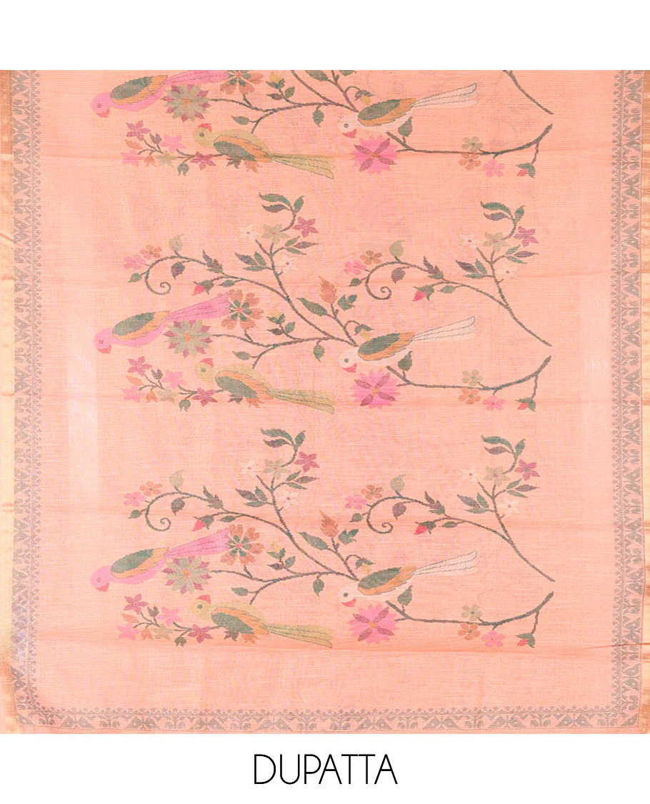 Orange Linen Tissue Material Chudidar Set, Elevated with Paithani Floral-Parrot Design on Its Top, a Contrast Plain Bottom, and Paired with a Linen Tissue Dupatta of Floral-Parrot Print - Image 2