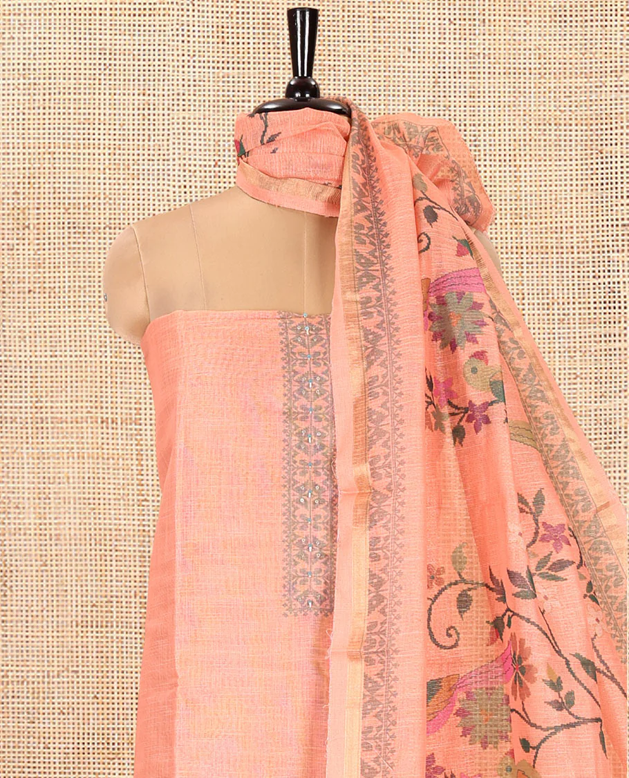 Orange Linen Tissue Material Chudidar Set, Elevated with Paithani Floral-Parrot Design on Its Top, a Contrast Plain Bottom, and Paired with a Linen Tissue Dupatta of Floral-Parrot Print - Image 3