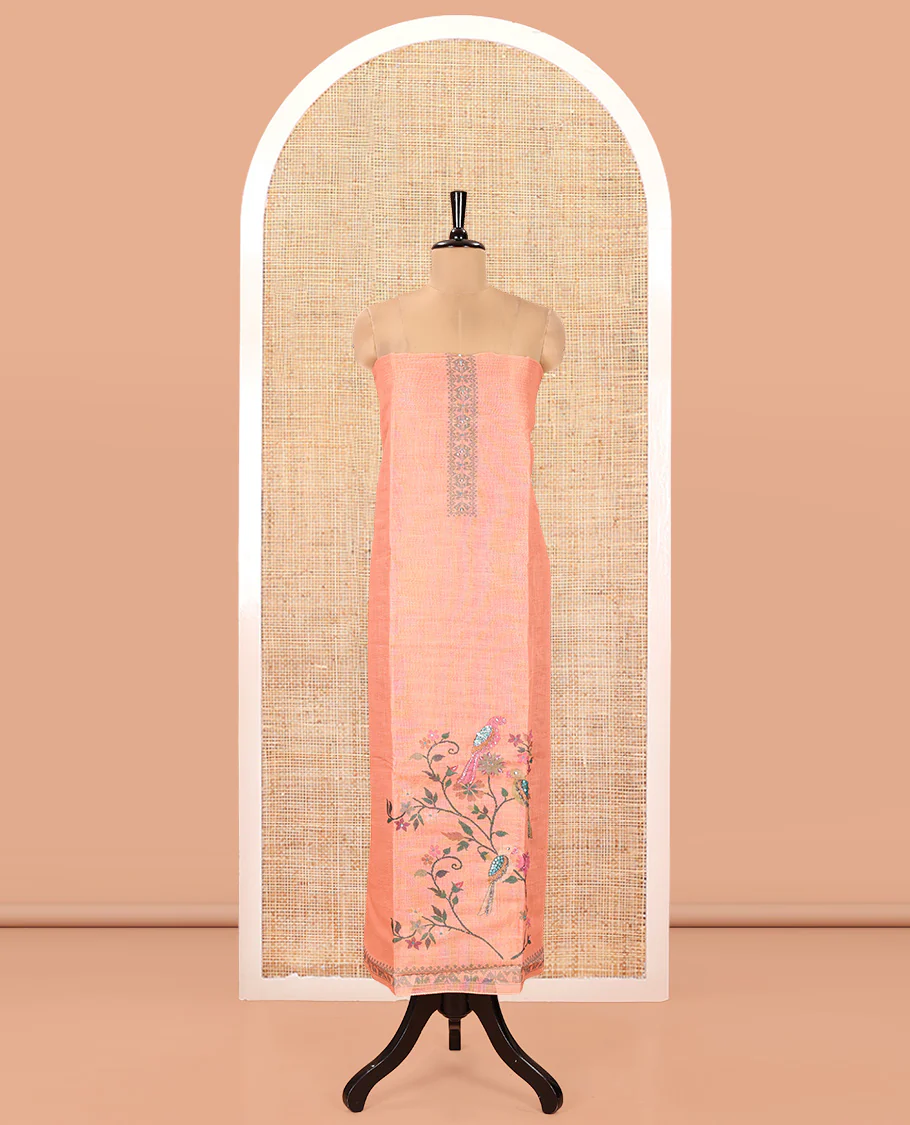 Orange Linen Tissue Material Chudidar Set, Elevated with Paithani Floral-Parrot Design on Its Top, a Contrast Plain Bottom, and Paired with a Linen Tissue Dupatta of Floral-Parrot Print - Image 4