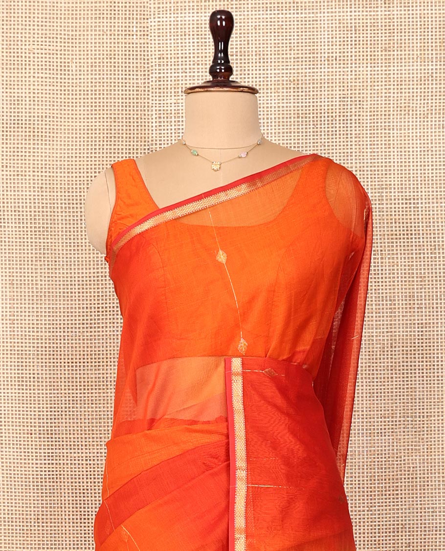 Orange Maheshwari Cotton Saree, Delicately Woven with Diamond Stripes on Its Body, Highlighted by Zari Border of Chevron Designs, Gleaming Pallu Steeped with Zari Stripes, and Paired with a Matching Blouse - Image 2