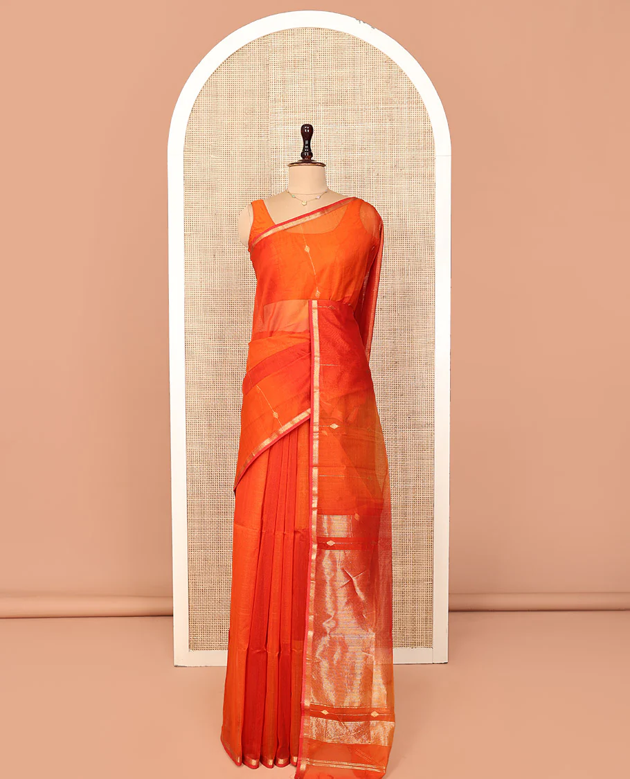 Orange Maheshwari Cotton Saree, Delicately Woven with Diamond Stripes on Its Body, Highlighted by Zari Border of Chevron Designs, Gleaming Pallu Steeped with Zari Stripes, and Paired with a Matching Blouse - Image 3