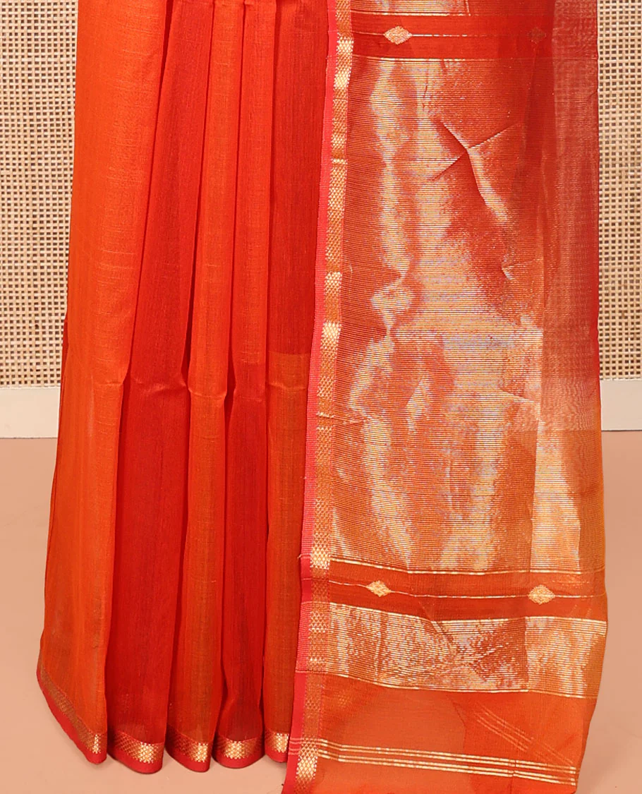 Orange Maheshwari Cotton Saree, Delicately Woven with Diamond Stripes on Its Body, Highlighted by Zari Border of Chevron Designs, Gleaming Pallu Steeped with Zari Stripes, and Paired with a Matching Blouse - Image 4