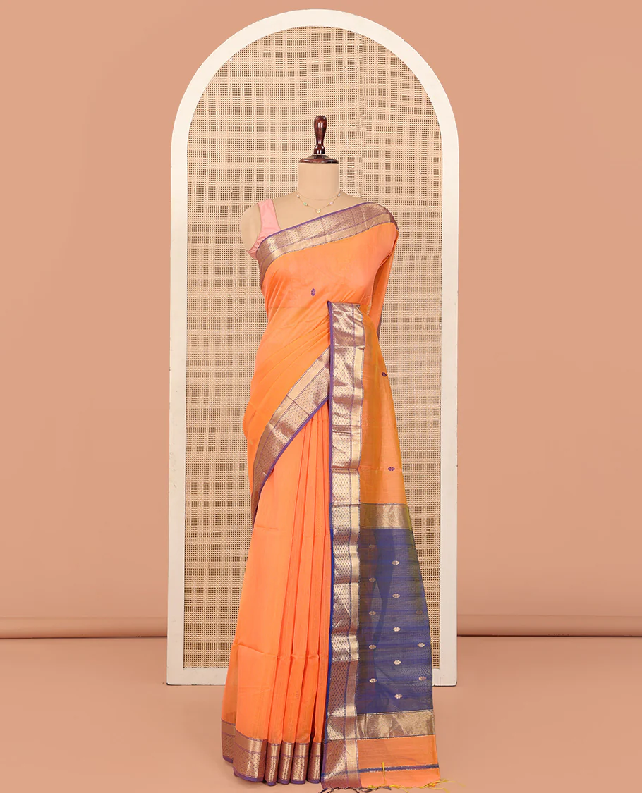 Orange Maheshwari Cotton Saree, Delicately Woven with Thread Buttas All Over Its Body, Complemented by Contrast Traditional Zari Design Border, Pallu Steeped with Zari Buttas, and Paired with a Contrast Blouse - Image 2