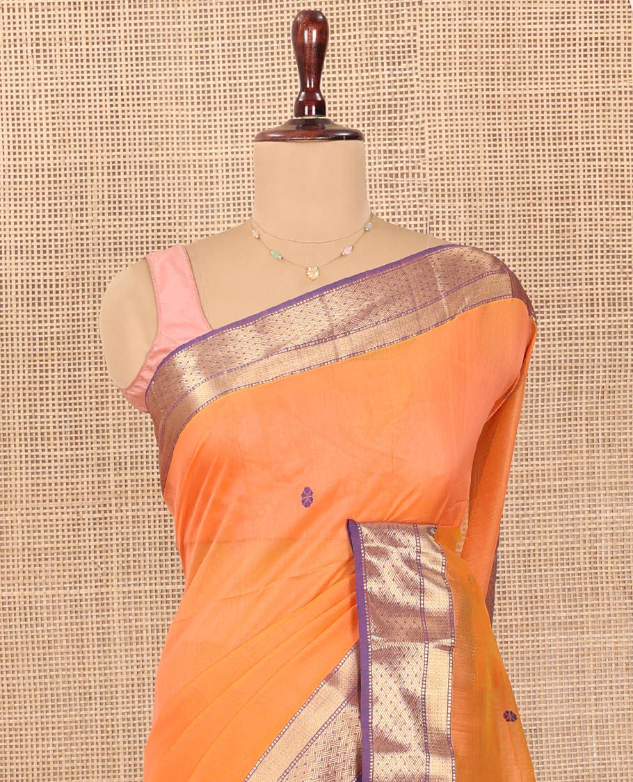 Orange Maheshwari Cotton Saree, Delicately Woven with Thread Buttas All Over Its Body, Complemented by Contrast Traditional Zari Design Border, Pallu Steeped with Zari Buttas, and Paired with a Contrast Blouse - Image 3