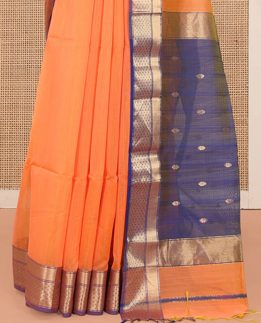Orange Maheshwari Cotton Saree, Delicately Woven with Thread Buttas All Over Its Body, Complemented by Contrast Traditional Zari Design Border, Pallu Steeped with Zari Buttas, and Paired with a Contrast Blouse - Image 4