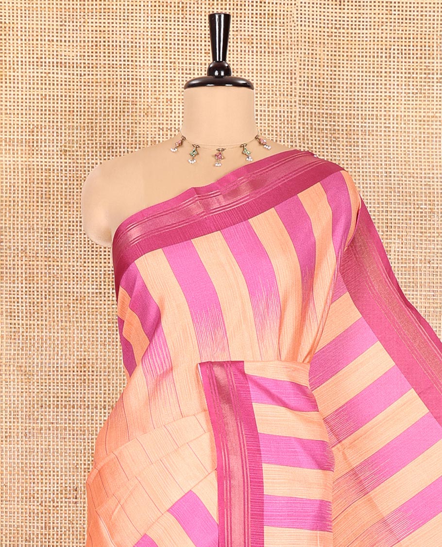Orange Manipuri Silk Saree, Subtly Woven with Vertical Stripes All Over Its Body, Complemented by Contrast Zari Border, Sparsely Striped Pallu, and Paired with a Contrast Blouse - Image 2