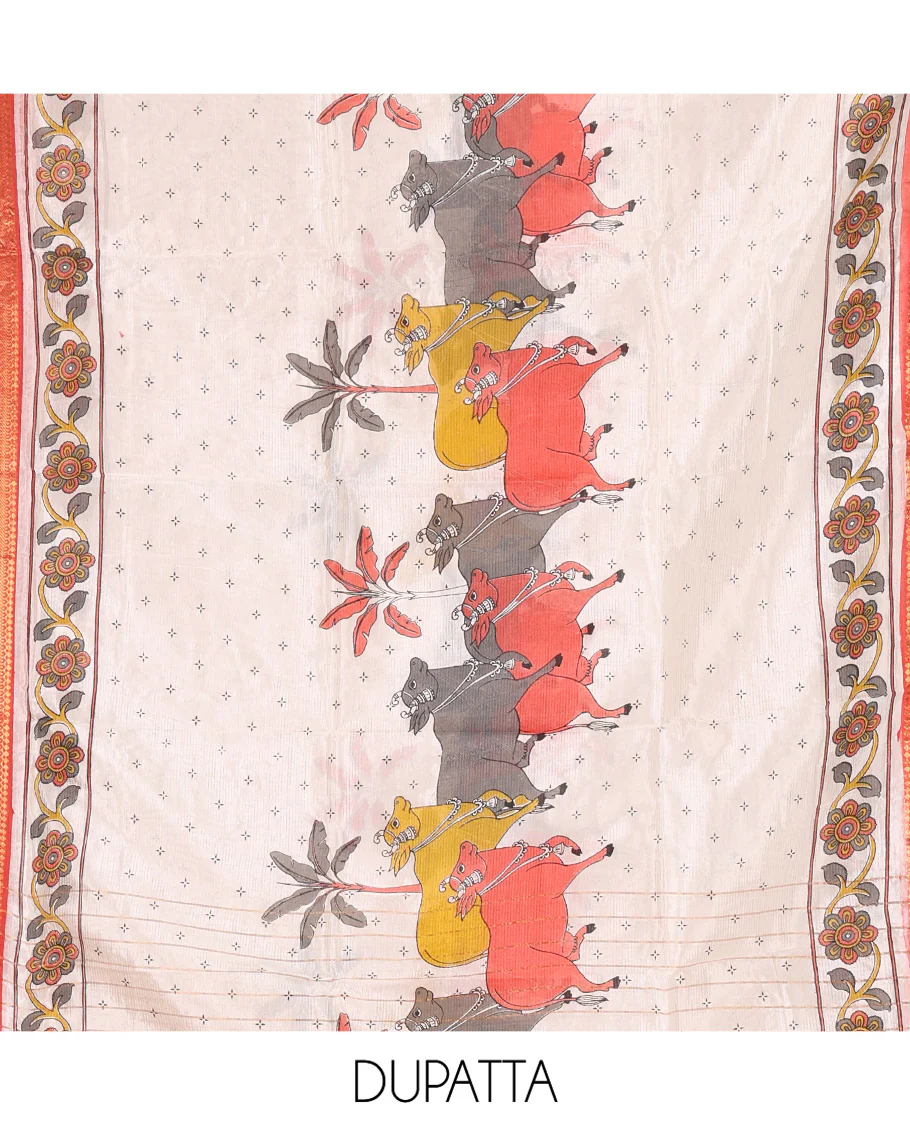 Orange Material Chudidhar Set, Delicately Woven with Dotted Stripes and Buttas on Its Semi-Silk Top, Plain Cotton Bottom, and Semi-Silk Dupatta Illustrating Pichwai Cow and Floral Print - Image 2