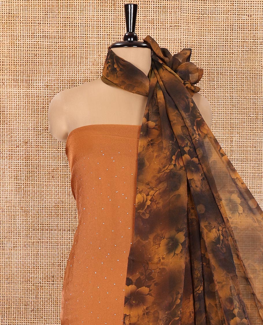 Orange Material Churidar Set, Spotlighted with Swarovski Stone Work Nc Moss Organza Top, Comes with a Plain Santoon Bottom, and Floral Printed Nc Moss Organza Dupatta - Image 3
